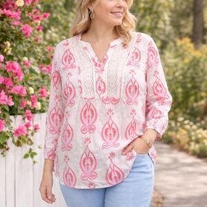 Crown & Ivy Petite Linen Tunic Blouse Pink White Size PM Lace Trim Boho Top